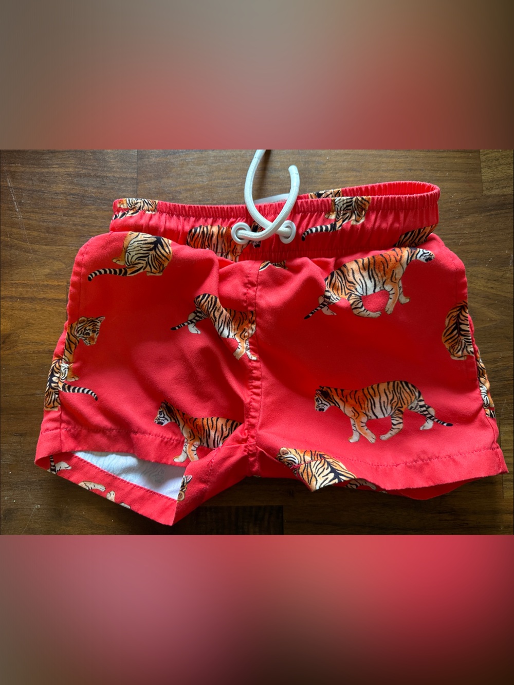 Red Tiger-Print Kids Swim Trunks with Drawstring